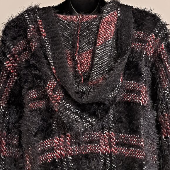 Rock & Republic Plaid Fuzzy Hoodie Long Sleeve Sweater Misses Size Large - Picture 10 of 10